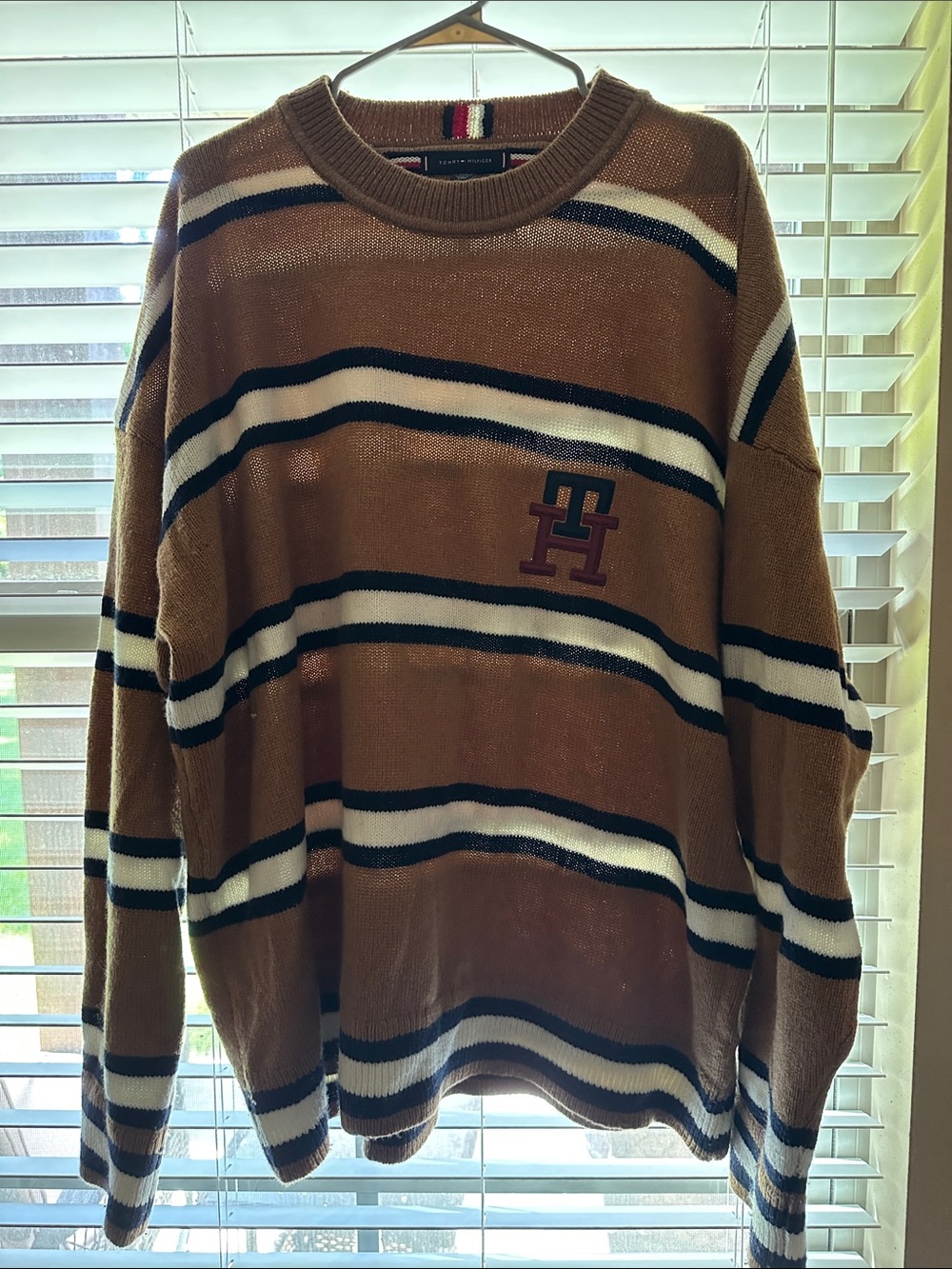 Tommy Hilfiger Camel Crewneck Sweater with Navy & White Stripes